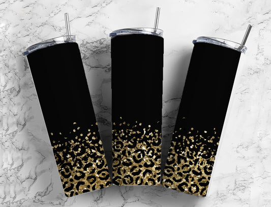 Matte Black and Gold Leopard Tumbler